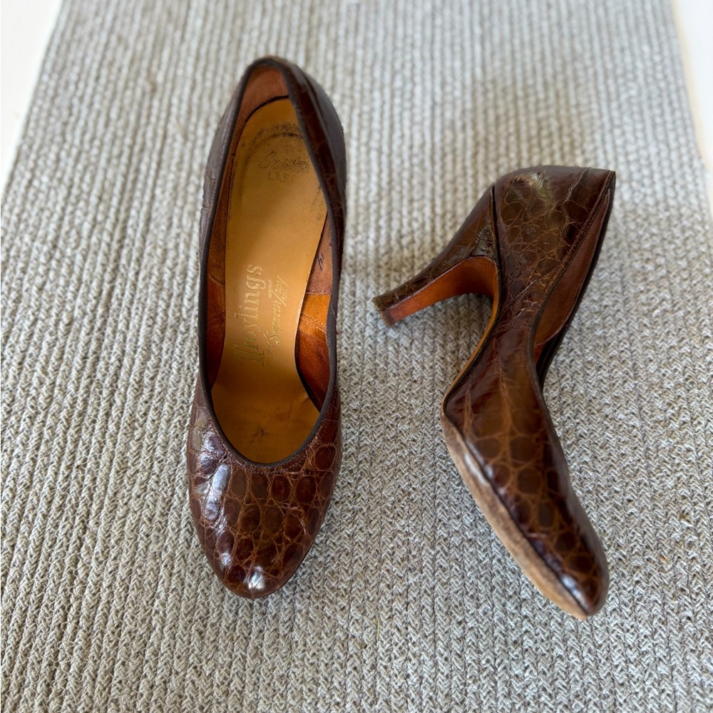 Vintage Troylings 40s/50s Brown Croc Embossed Leather Pumps Heels Dress Shoes 5